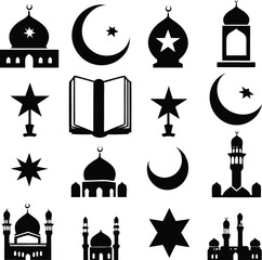 Simple black and white silhouettes of Islamic mosques, crescent moons, stars, and other religious symbols.