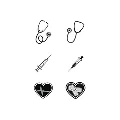 A set of four monochrome medical icons, including stethoscopes, syringes, and heart symbols with a pulse line and pills inside. Ideal for healthcare, medical apps, or infographics