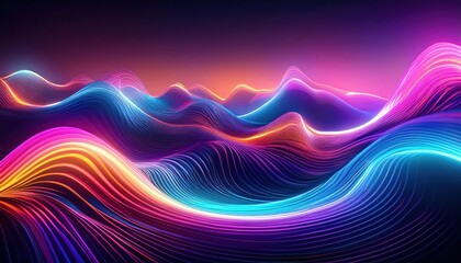 Colorful abstract wave pattern with neon lights in a digital landscape.


