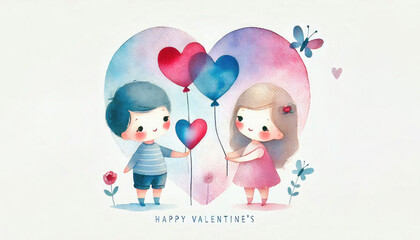 Childlike Valentine's day card in watercolor style. Dancing couple in love, cute dancing animals in love, flowers and hearts