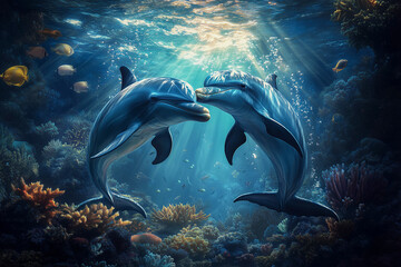Naklejka premium two dolphins swimming in the ocean with corals and fish around them, with sunlight shining through the water