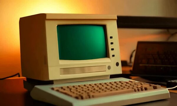 A vintage computer with a green screen sits on a desk, illuminated by warm sunlight, evoking nostalgia for early technology.