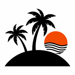 Fototapeta premium Beach scene sunset minimalist design tropical island silhouette