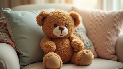 Cozy teddy bear sitting on a soft armchair surrounded by plush cushions