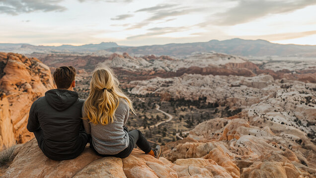 A couple relaxing and sitting down on rocks overlooking a canyon with room for text  - Powered by Adobe