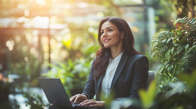 Confident businesswoman working on laptop in a lush green indoor environment, sunlight streaming through the plants.  A portrait of success and modern business lifestyle.