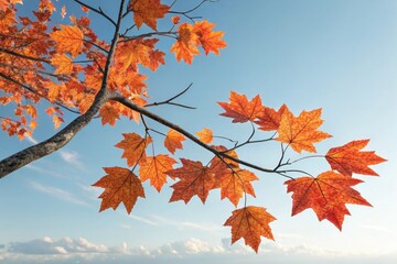 Fototapeta premium Branch with Orange Maple Leaves Against Blue Sky Background, nature, outdoor, branch with leaves