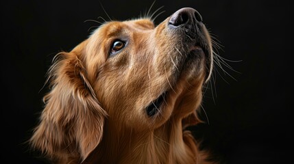 A close-up of a golden retriever looking upwards against a dark background.