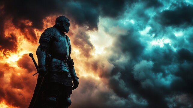 A lone knight stands resolute against a backdrop of turbulent skies. The clash of fire and ice creates a dramatic scene. The moment is captured in stunning detail. Generative AI