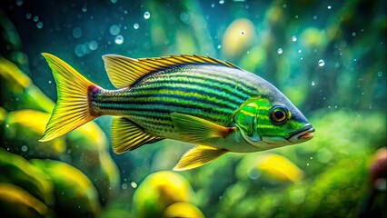 Long Exposure Green Yellow Striped Fish, Underwater, Abstract, AI Art