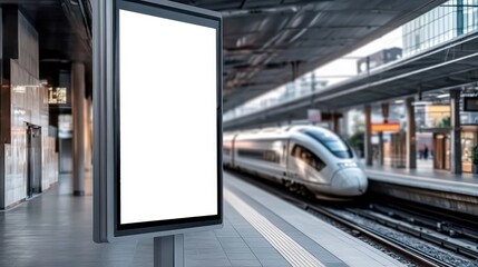 Empty Billboard on Train Station Platform Surrounded by Urban Landscape Evoking a Sense of Anticipation and Opportunity