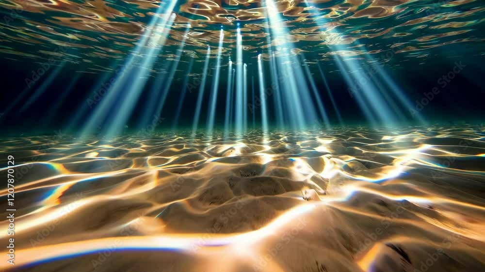 Poster Underwater view with sunlight beams piercing through the ocean surface, creating intricate patterns of light on the sandy seabed, nature and exploration concept