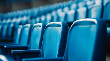 Obraz premium Rows of blue stadium seats with visible seat numbers, close up view highlighting the neat arrangement and organized structure, perfect for sports events and large gatherings in stadiums.