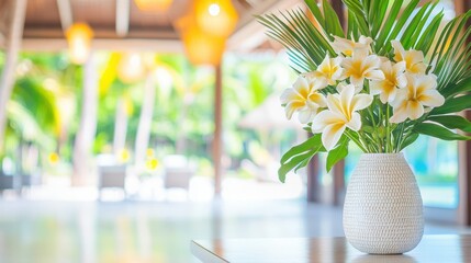 Tropical Getaway: Plumeria blossoms in elegant white vase,  tropical resort setting. 