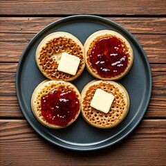 A plate of warm crumpets topped with melted butter and a dollop of strawberry jam.. British Food