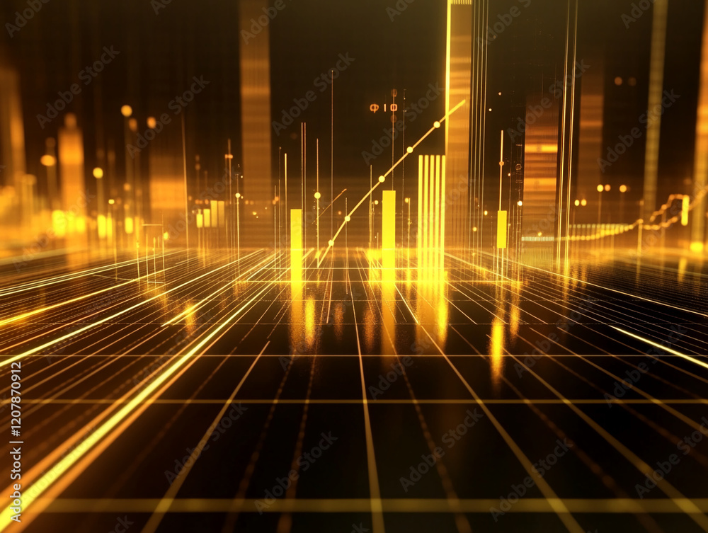 Poster futuristic golden financial graph on a dark digital background with glowing lines