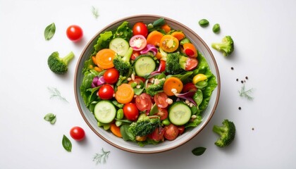 salad bowl on table healthy bowl with mixed vegetables top down view vibrant and colorful health and wellness theme clean white background