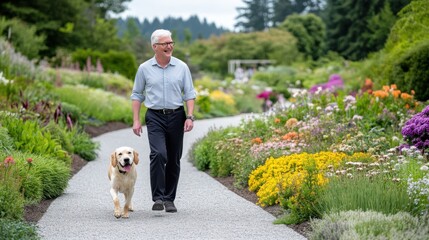 Gentle Stroll in the Garden: A senior man enjoys a leisurely walk with his golden retriever companion through a vibrant, colorful garden path.