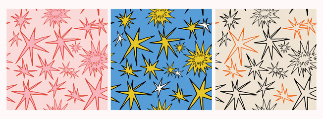 Abstract quirky Stars. Different unique shapes, doodles. Contemporary trendy style. Hand drawn modern Vector illustration. Set of three Square seamless Patterns. Background, wallpaper © Dariia