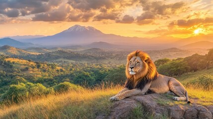 Lion at Sunset: A majestic lion with a flowing mane surveys his kingdom from atop a rocky...