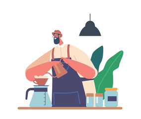 Hipster Barista Making Coffee Pour Over Brewing, Smiling Male Character Bartender Wear Apron Work In Cafe Or Coffee Shop