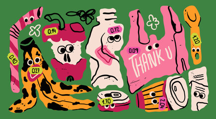Various trash set. Cute characters with eyes. Apple core, banana peel, smashed can, plastic bag, straw, spoon, paper receipt, empty coffee cup. Hand drawn Vector illustration. Isolated design elements