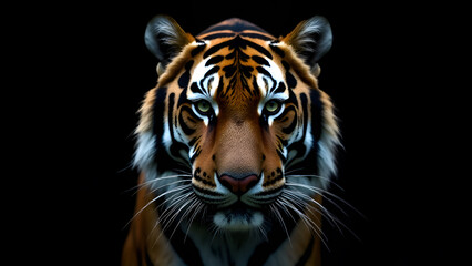 Fototapeta premium This image features a detailed and striking closeup of a tigers magnificent face set against a deep black background, emphasizing its features