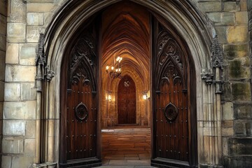 Fototapeta premium A grand, ornate wooden door with intricate carvings set within a stone archway, illuminated by warm light, creating a mysterious and inviting atmosphere.