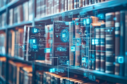 Concept of an e library with virtual icons computer