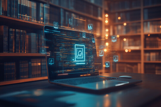 Concept of an e library with virtual icons computer