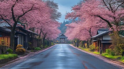 Fototapeta premium Cherry Blossom Lined Street In A Japanese Village