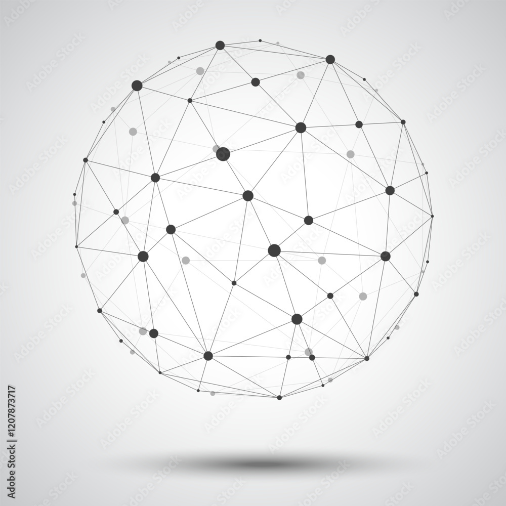 Poster Abstract vector sphere and wireframe polygonal lines connect dot isolated on white background. Connection structure and geometric technology concept. Vector illustration.