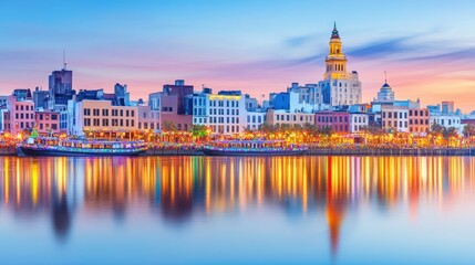Obraz premium Charleston Waterfront at Dusk: Vibrant cityscape of Charleston, South Carolina, reflecting on calm water at sunset. Colorful buildings line the waterfront, creating a picturesque scene.