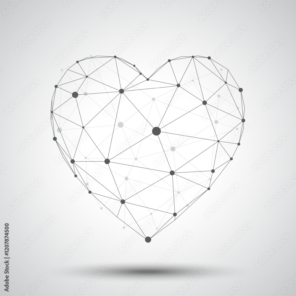 Poster heart shape with wireframe polygonal lines connect dot isolated on white background. low poly style 