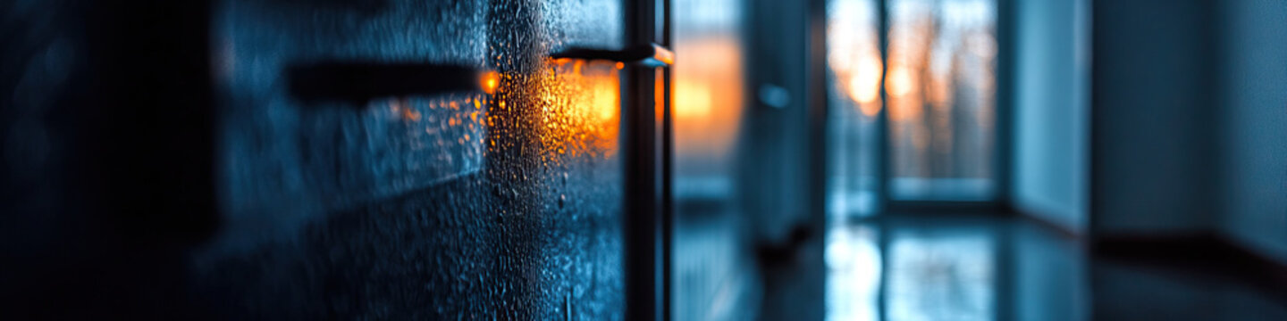 Condensation on Appliance Door with Sunset Background