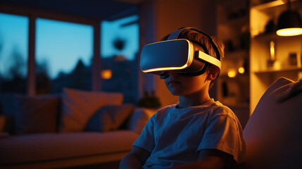 Caucasian child wearing VR headset in dimly lit modern living room
