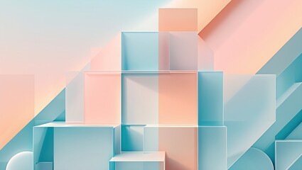 Fototapeta premium Abstract geometric background with soft pastel gradient from light peach to pale blue, featuring overlapping translucent cubes and rectangles in a modern, minimalist design.