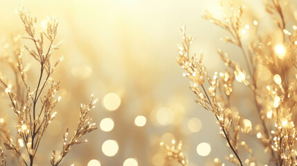 Fototapeta premium Golden bokeh background with sparkling branches in soft sunlight