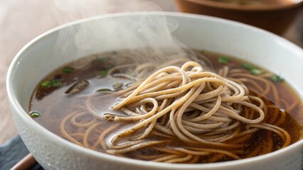 Close-up of buckwheat soba noodles floating on the surface of the steaming hot broth, buckwheat soba noodle, nourishment