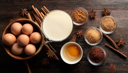 ingredients for homemade eggnog eggs cream and spices on a dark wood background