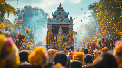 Chariot Procession: A grand image of the silver chariot carrying Lord Murugan&rsquo;s statue, surrounded by a crowd of devotees offering prayers, with colorful flower garlands and incense smoke in the air.