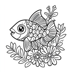 Obraz premium Adorable Fish and Flowers Coloring Book Page for Kids