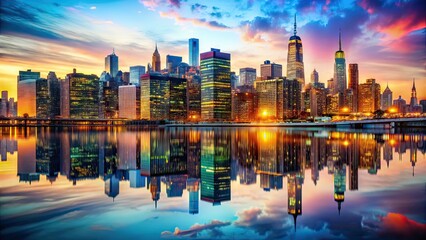 Long Island City Double Exposure, Urban Skyline, Cityscape, Photography, AI Art