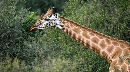 Fototapeta premium Giraffe gracefully feeding on green foliage in its habitat