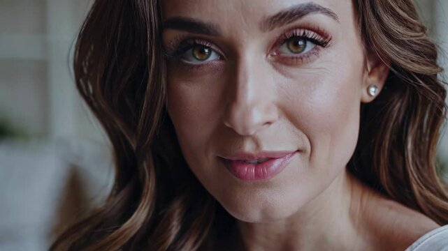 Portrait of a young brunette woman. Long hair, brown eyes, natural makeup face close up