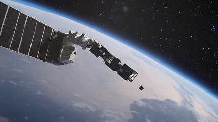 Robotic arm extending from a satellite in space, grabbing a piece of space debris with a blurred Earth and stars in the background. Space technology, satellite operation, space exploration concepts.