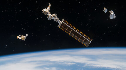 Robotic arm extending from a satellite in space, grabbing a piece of space debris with a blurred Earth and stars in the background. Space technology, satellite operation, space exploration concepts.