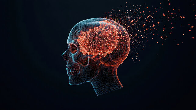 surreal depiction of human skull with exploding brain, showcasing vibrant colors and intricate details. This artwork evokes sense of wonder and curiosity about mind