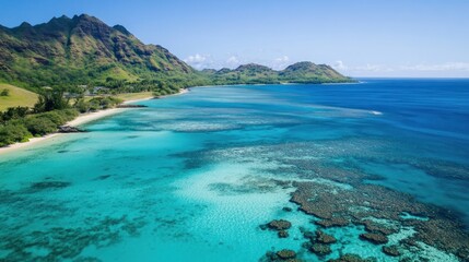 Obraz premium Aerial view Tropical beach, clear ocean, coral reef, mountains, sunny day, travel brochure