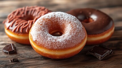 Three assorted donuts on a rustic wooden table with chocolate pieces in the background